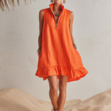 Helles Orange Leinen Halb-Reißverschluss Mini-Kleid mit Rüschensaum und Stehkragen