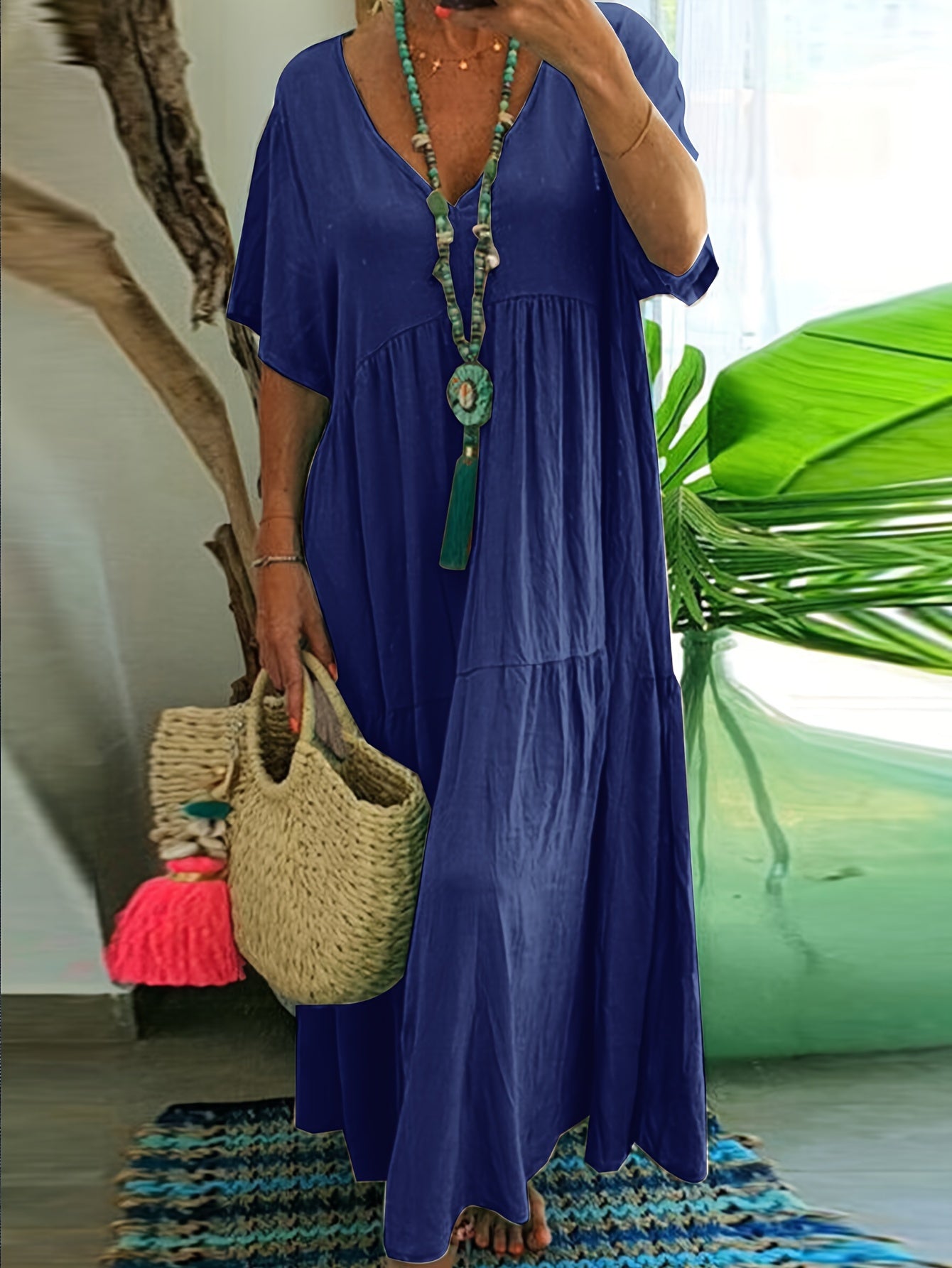 Plus size tummy control tiered ruffle maxi dress, navy blue, short sleeves, V-neck