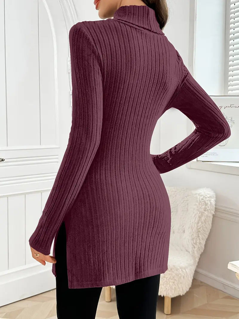 Ribbed knit turtleneck sweater in plum, long sleeves, fitted with side slit