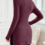 Ribbed knit turtleneck sweater in plum, long sleeves, fitted with side slit