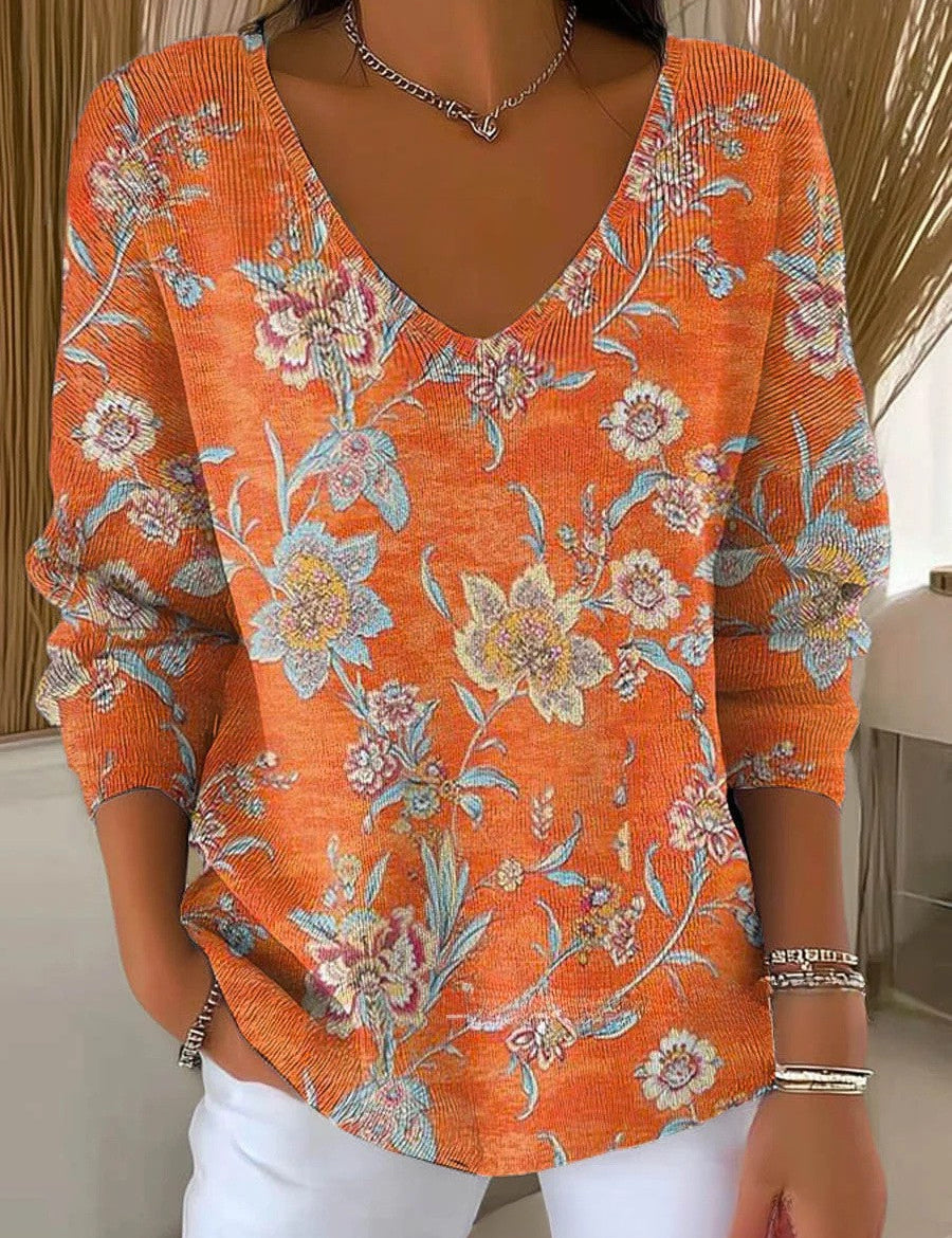 Beatrice orange V-neck pullover sweater with floral print, three-quarter sleeves