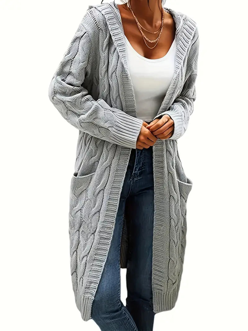 Light gray cable-knit long cardigan with open front and ribbed cuffs