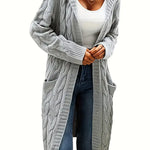Light gray cable-knit long cardigan with open front and ribbed cuffs