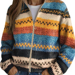 Multicolor zigzag knit cardigan with gold zipper, ribbed cuffs and hem