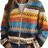 Multicolor zigzag knit cardigan with gold zipper, ribbed cuffs and hem