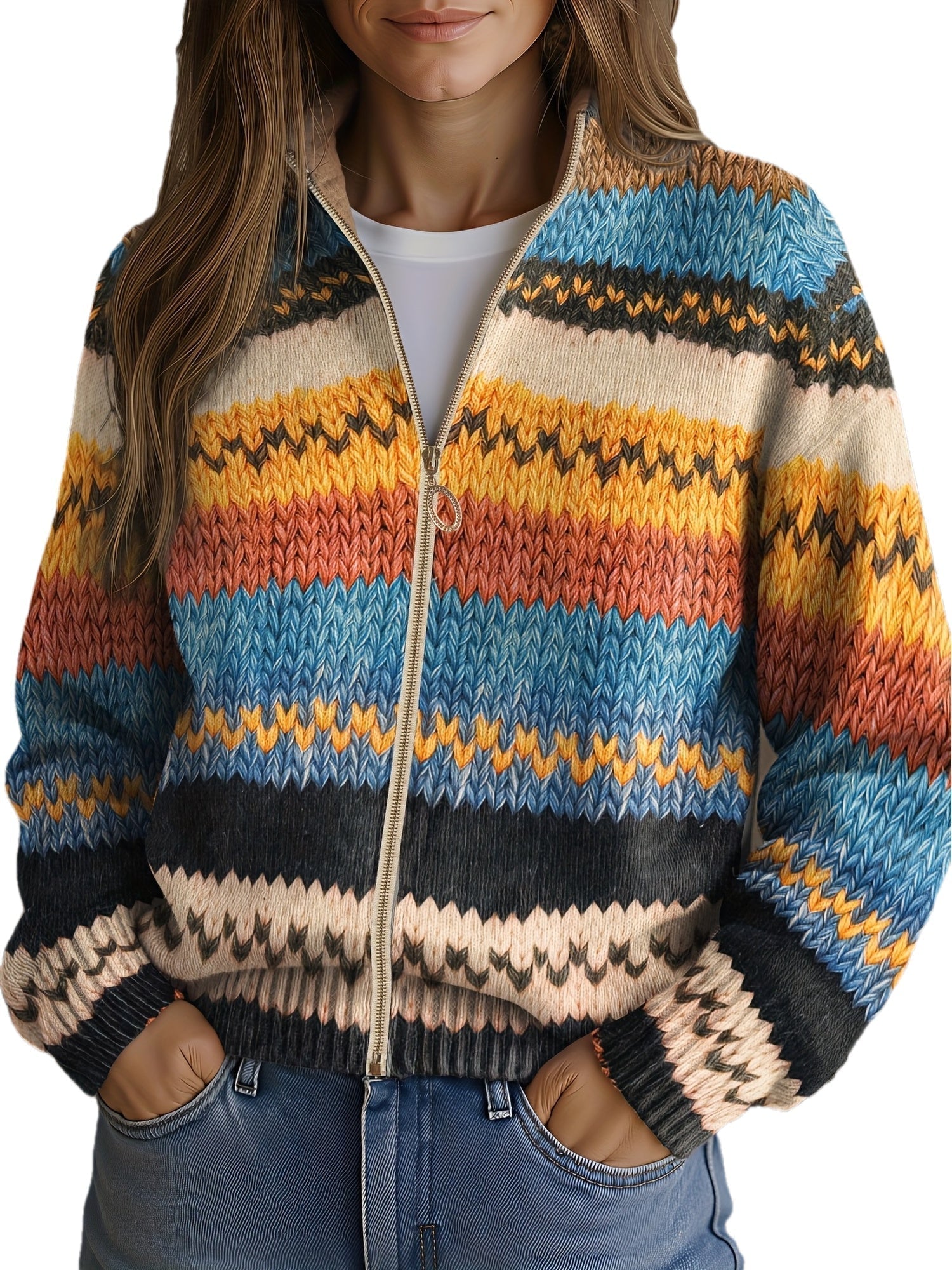 Multicolor zigzag knit cardigan with gold zipper, ribbed cuffs and hem