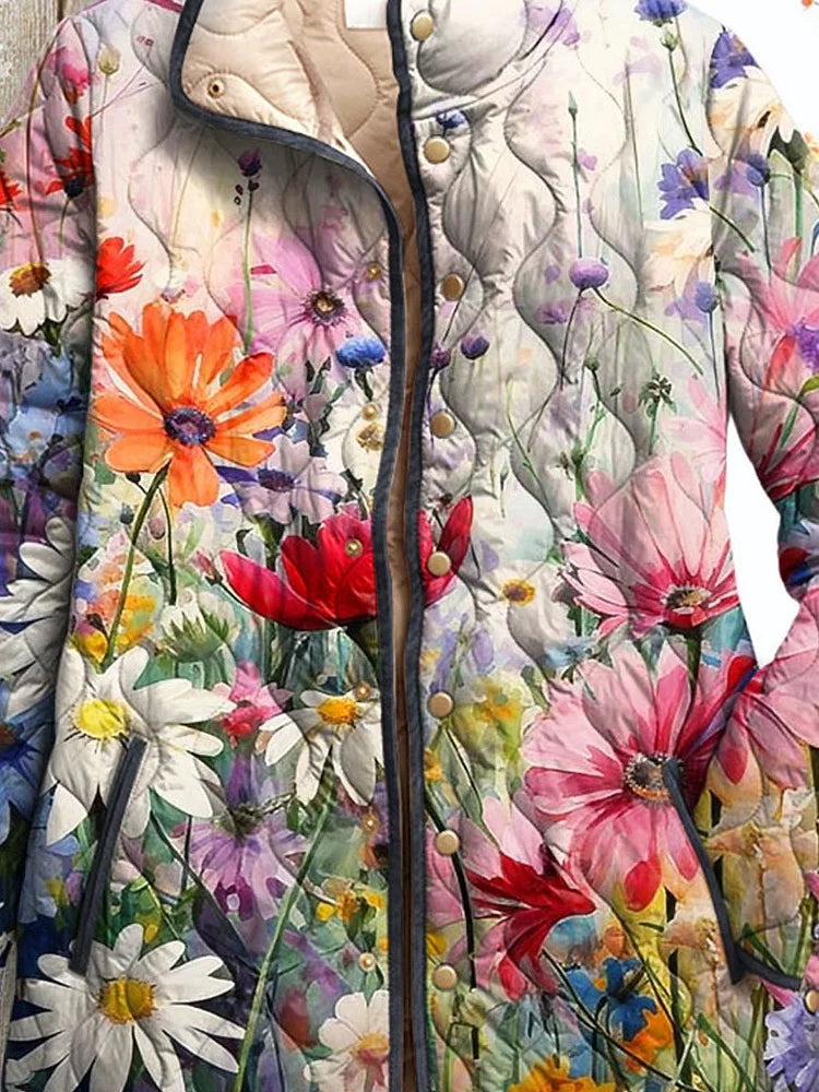 Women’s floral quilted jacket close-up, beige lining, gold snap front and pockets