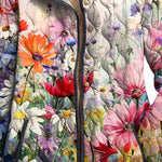 Women’s floral quilted jacket close-up, beige lining, gold snap front and pockets