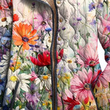 Women’s floral quilted jacket close-up, beige lining, gold snap front and pockets