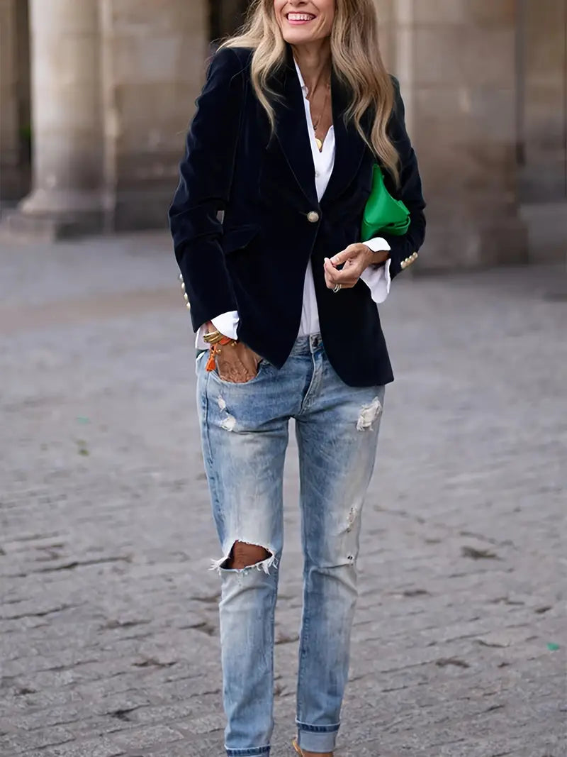 Julissa™ velvet blazer in dark blue, single-breasted with notched lapel and gold buttons
