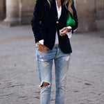 Julissa™ velvet blazer in dark blue, single-breasted with notched lapel and gold buttons