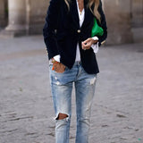 Julissa™ velvet blazer in dark blue, single-breasted with notched lapel and gold buttons