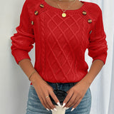 Red cable-knit crewneck sweater with decorative shoulder buttons and ribbed cuffs