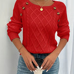 Red cable-knit long-sleeve sweater with round neckline and gold button accents