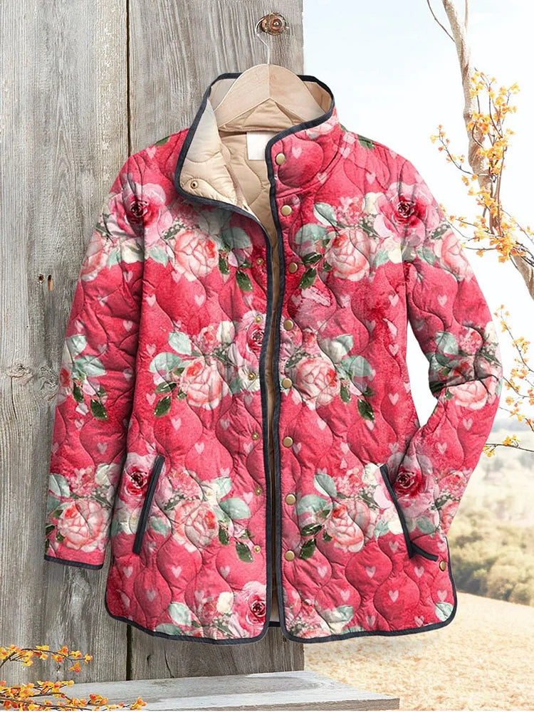 Women's pink floral print quilted casual jacket with button front and stand collar