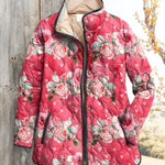 Women's pink floral print quilted casual jacket with button front and stand collar