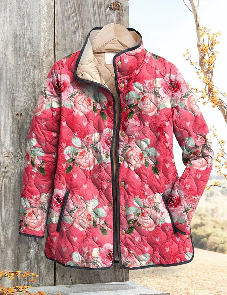 Women's pink floral print quilted casual jacket with button front and stand collar
