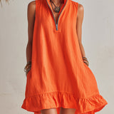 Helles Orange Leinen Halb-Reißverschluss Mini-Kleid mit Rüschensaum und Stehkragen