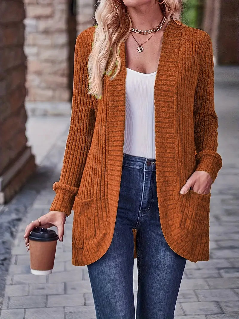 Ribbed knit cardigan with long sleeves, patch pockets, open front, burnt orange