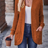 Ribbed knit cardigan with long sleeves, patch pockets, open front, burnt orange