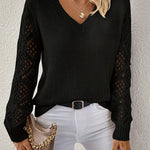Rosa™ black V-neck knit pullover with long openwork sleeves