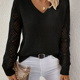 Rosa™ black V-neck knit pullover with long openwork sleeves