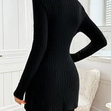 Ribbed knit turtleneck sweater dress, long sleeves, slim fit, black