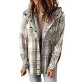 AMELIA™ plaid flannel hooded jacket in light gray and white checks, button-front closure.