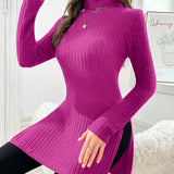 Slim-fit long-sleeve knit sweater with mock neck, ribbed texture, purple fuchsia