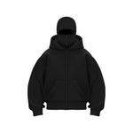 Black hooded zip sweatshirt with face mask and front pockets
