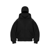 Black hooded zip sweatshirt with face mask and front pockets