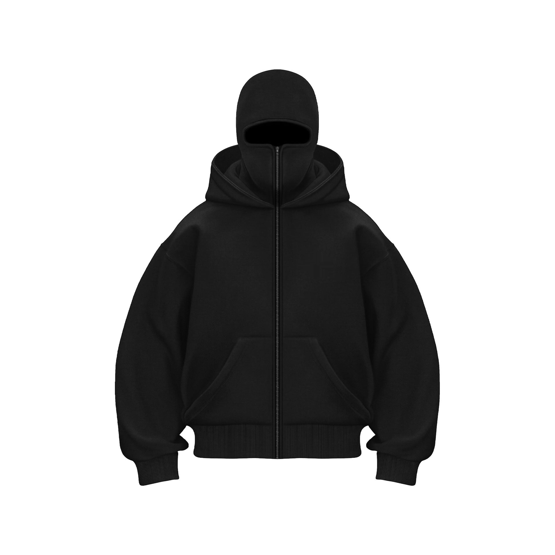 Black hooded zip sweatshirt with face mask and front pockets