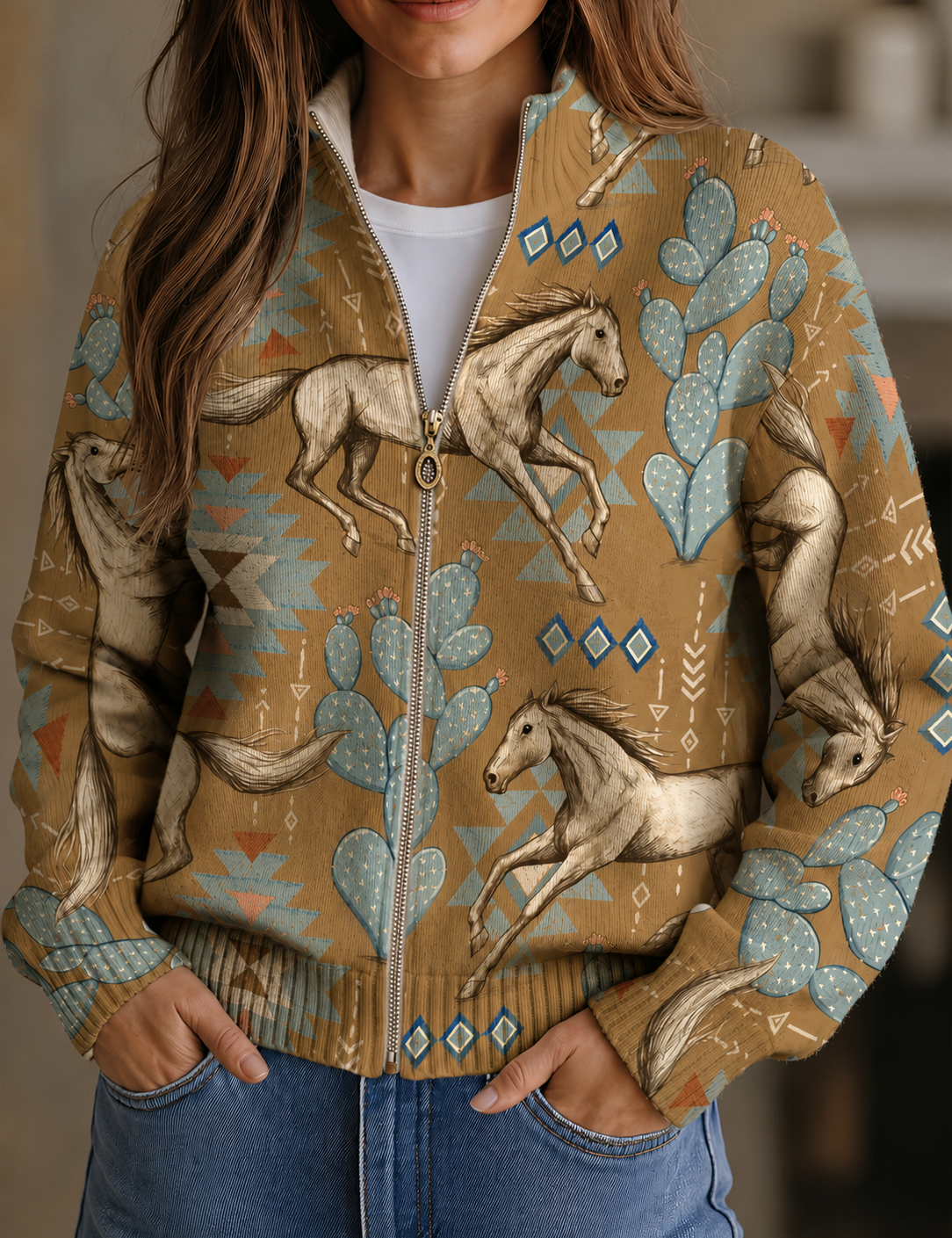 Women's knit jacket, tan with white horses and blue cactus print, full-zip.