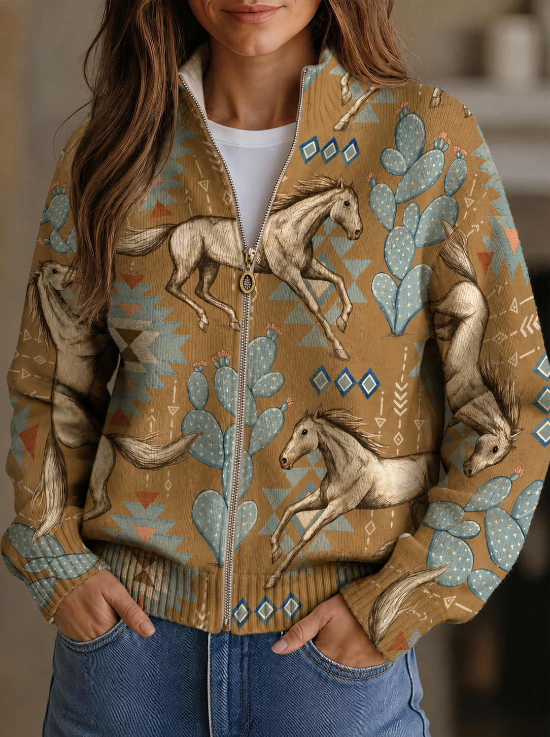 Women's knit jacket, tan with white horses and blue cactus print, full-zip.
