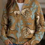Women's knit jacket, tan with white horses and blue cactus print, full-zip.