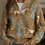 Women's knit jacket, tan with white horses and blue cactus print, full-zip.