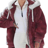 Keithy cozy burgundy striped zip-up faux fur jacket with white sherpa collar and hood ties