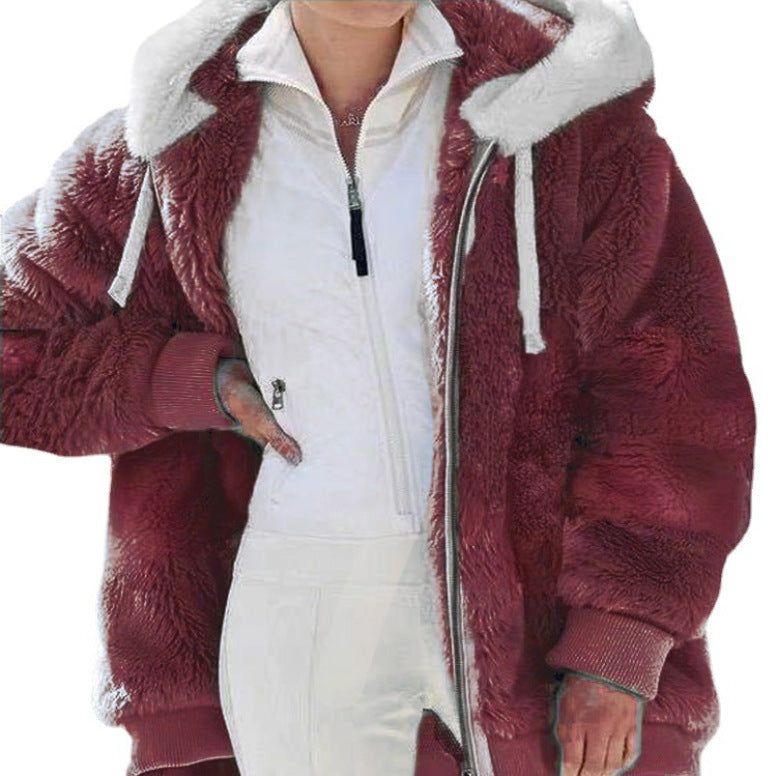 Keithy cozy burgundy striped zip-up faux fur jacket with white sherpa collar and hood ties