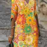 Floral print V-neck shift dress with colorful flower motifs, multicolor
