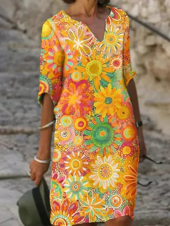 Floral print V-neck shift dress with colorful flower motifs, multicolor