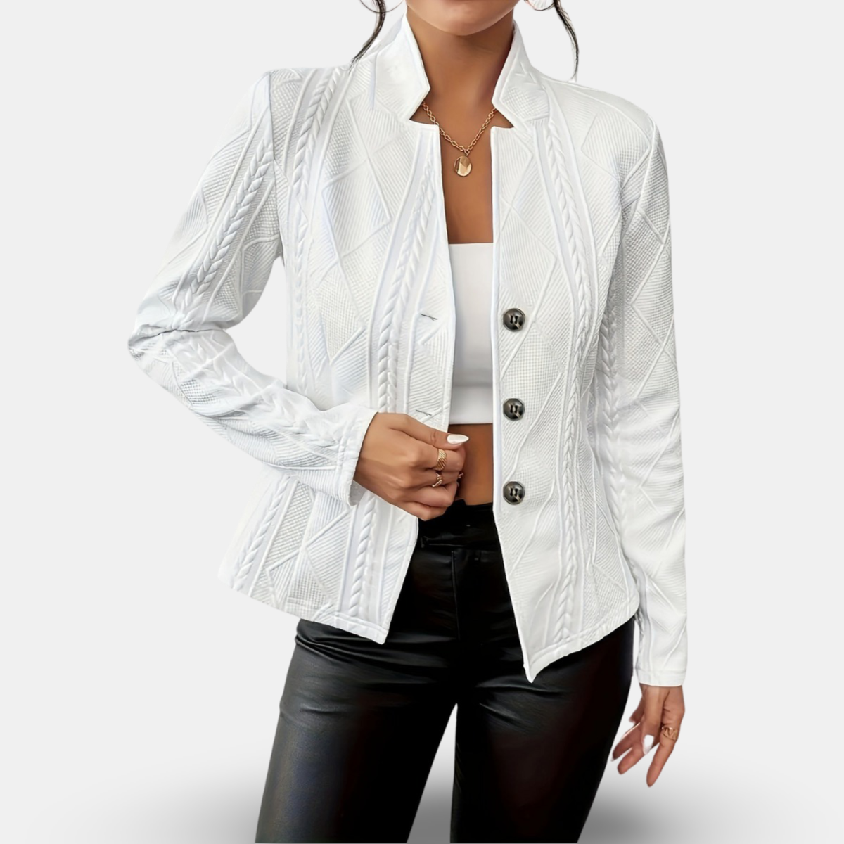 Tailored white cardigan with textured chevron knit, long sleeves, button-front closure