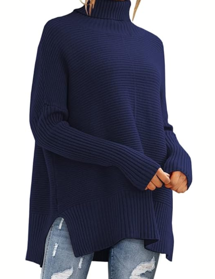 Women’s roll-neck knit sweater with ribbed turtleneck, navy blue