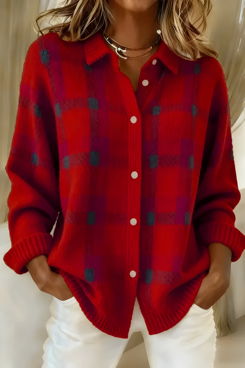 Red plaid button-front cardigan sweater with collared neckline and long sleeves