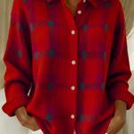 Red plaid button-front cardigan sweater with collared neckline and long sleeves