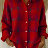 Red plaid button-front cardigan sweater with collared neckline and long sleeves