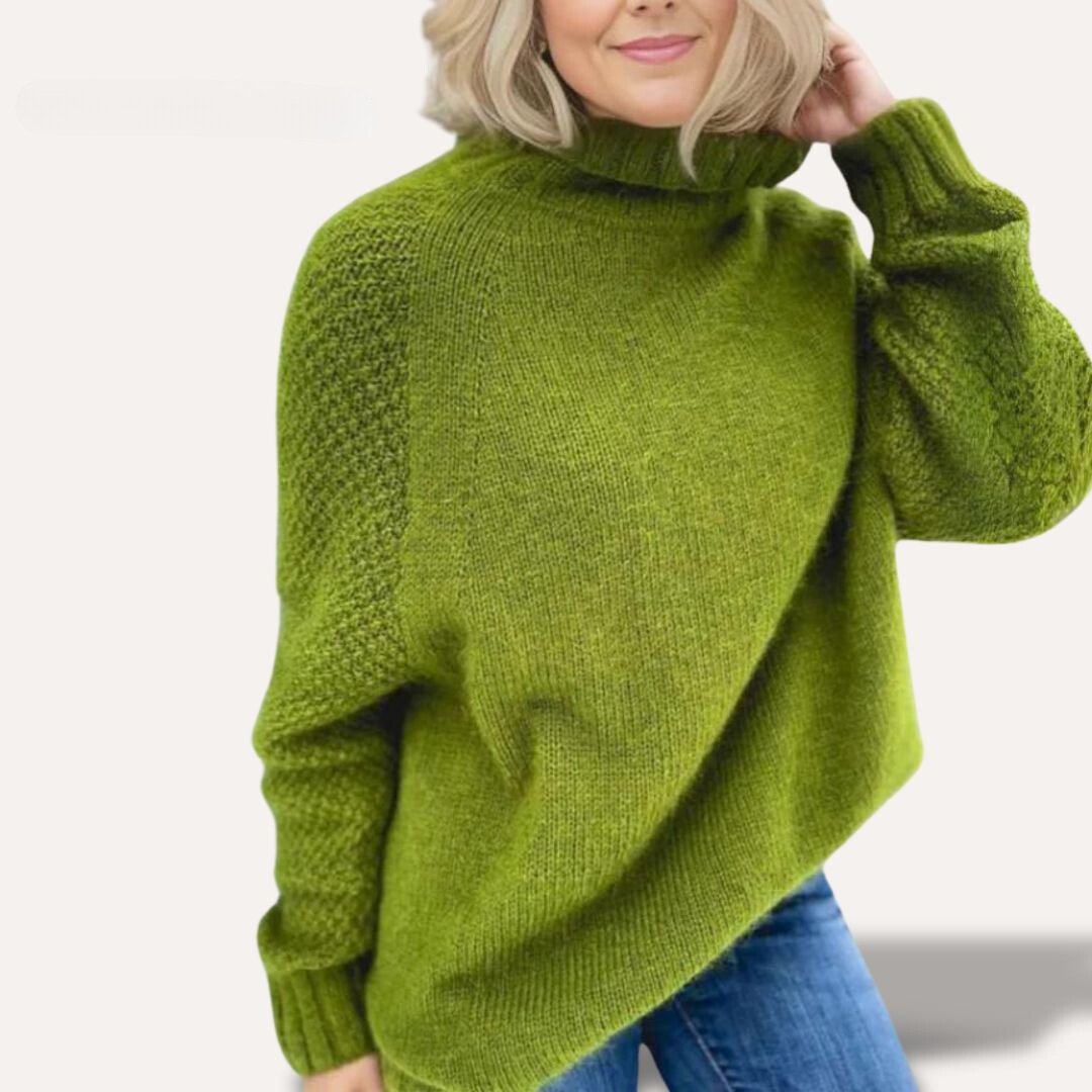 Women’s green rollneck sweater, long sleeves and ribbed neckline
