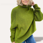 Women’s green rollneck sweater, long sleeves and ribbed neckline