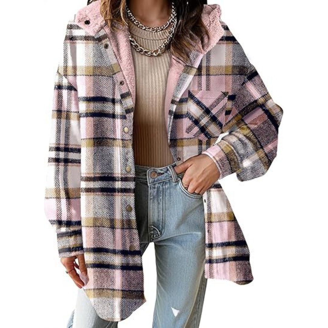 Plaid hooded shacket jacket with sherpa-lined collar, pink and tan plaid, button front