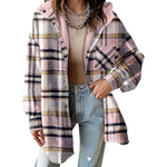 Plaid hooded shacket jacket with sherpa-lined collar, pink and tan plaid, button front