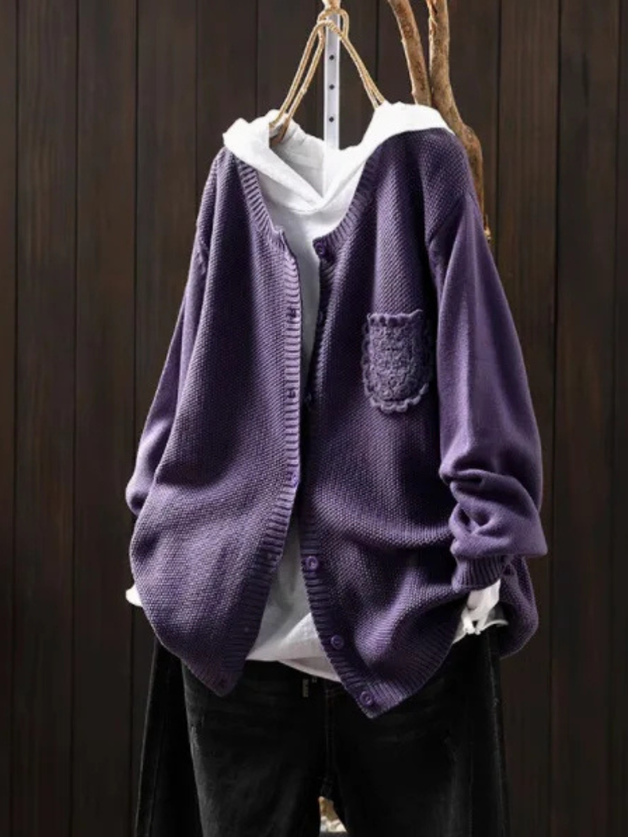 Der Ansley cozy cardigan, lavender textured knit, button front, cowl hood, patch chest pocket